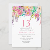 Pastel Watercolor Flower Girls 13th Birthday Party Invitation (Front)