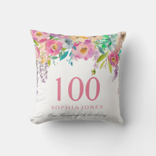 Pastel Watercolor Flowers 100th Birthday GIft Throw Pillow