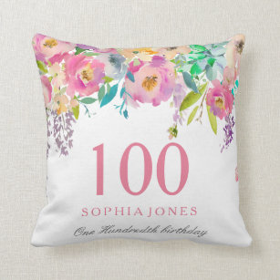 Pastel Watercolor Flowers 100th Birthday GIft Throw Pillow