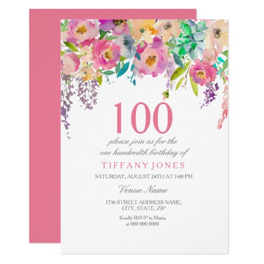 Pastel Watercolor Flowers 100th Birthday Party Invitation Zazzle Com