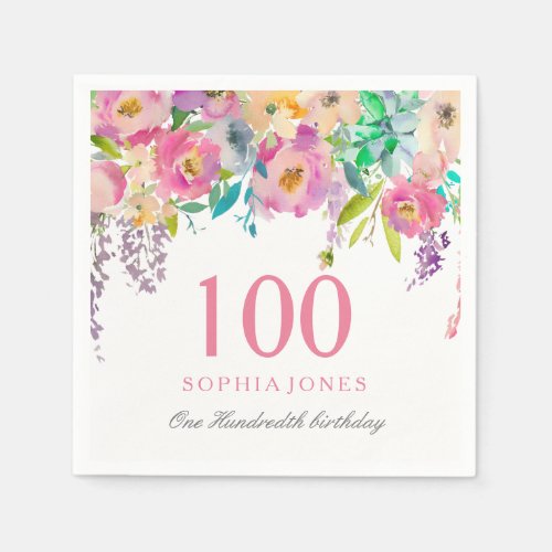 Pastel Watercolor Flowers 100th Birthday Party Napkins