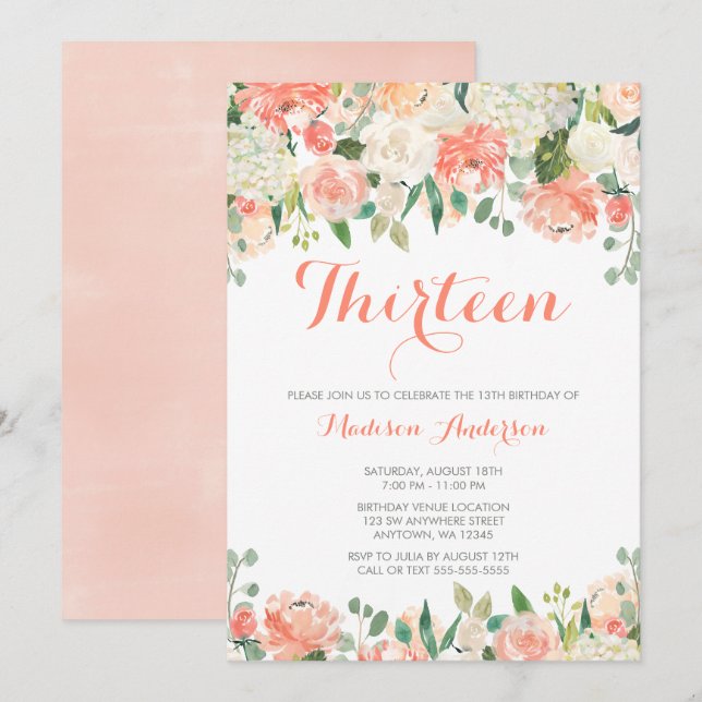 Pastel Watercolor Flowers 13th Birthday Invitation (Front/Back)