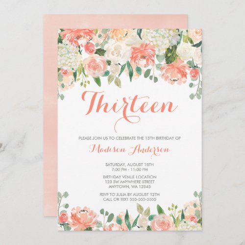 Pastel Watercolor Flowers 13th Birthday Invitation