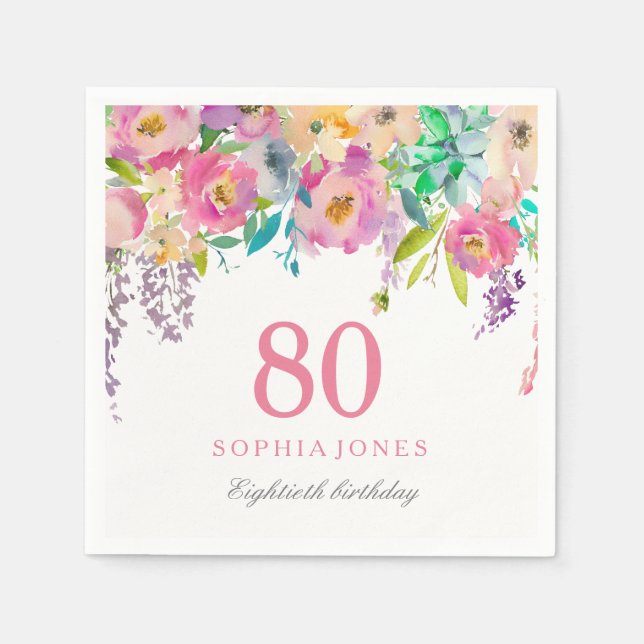 Pastel Watercolor Flowers 80th Birthday Party Napkins (Front)