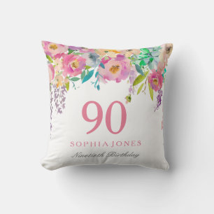 Pastel Watercolor Flowers 90th Birthday Gift Throw Pillow