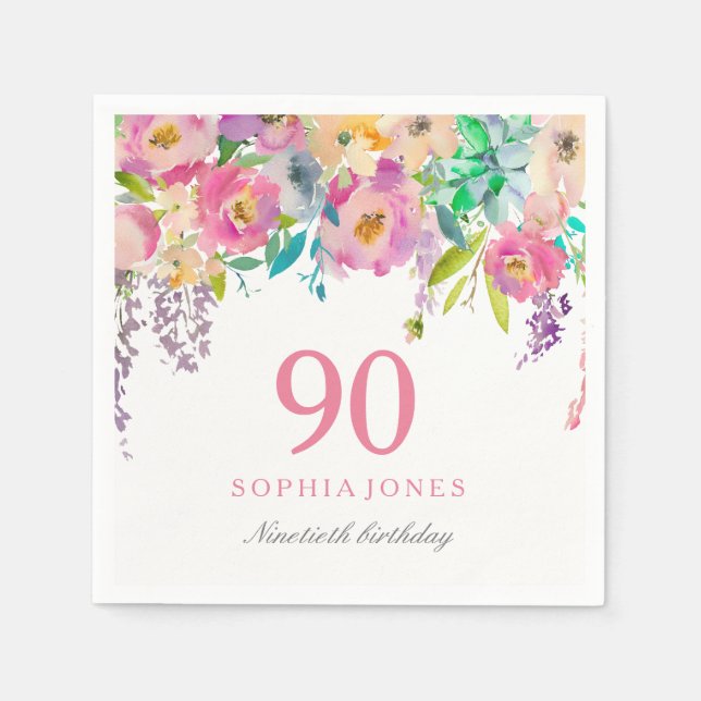 Pastel Watercolor Flowers 90th Birthday Party Napkins (Front)