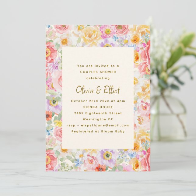 Pastel Watercolor Flowers Cute Couples Baby Shower Invitation (Standing Front)