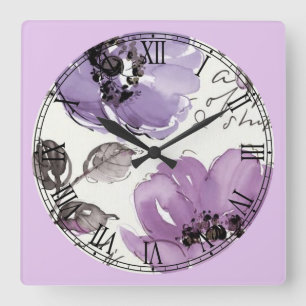 Pastel Watercolor Flowers Fine Art Roman Numeral Square Wall Clock