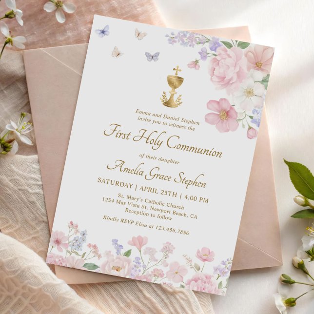 Pastel Watercolor Flowers First Communion Invitation (Creator Uploaded)