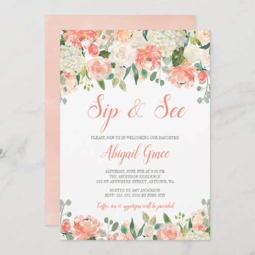 Pastel Watercolor Flowers Girl Sip and See Invites