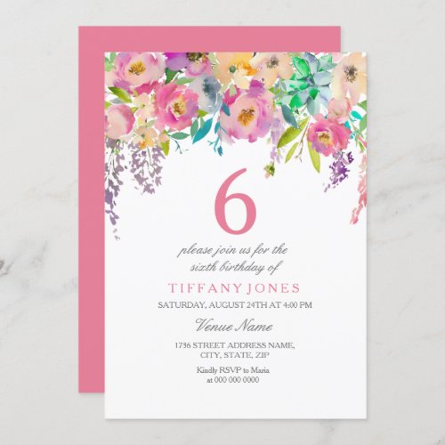 Pastel Watercolor Flowers Girls 6th Birthday Party Invitation