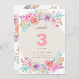 Pastel Watercolor Flowers Kids Birthday Invitation