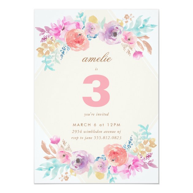 Pastel Watercolor Flowers Kids Birthday Invitation