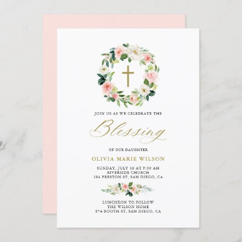 Pastel Watercolor Flowers Wreath Baby Blessing Invitation