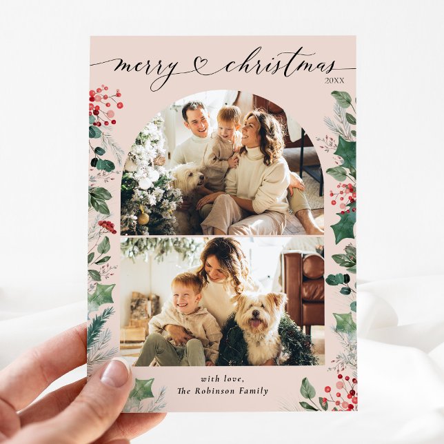 Pastel Watercolor Foliage 2 Photo Holiday Card  (Creator Uploaded)