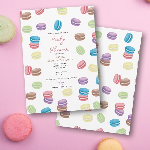 Pastel Watercolor French Macarons Baby Shower Invitation
