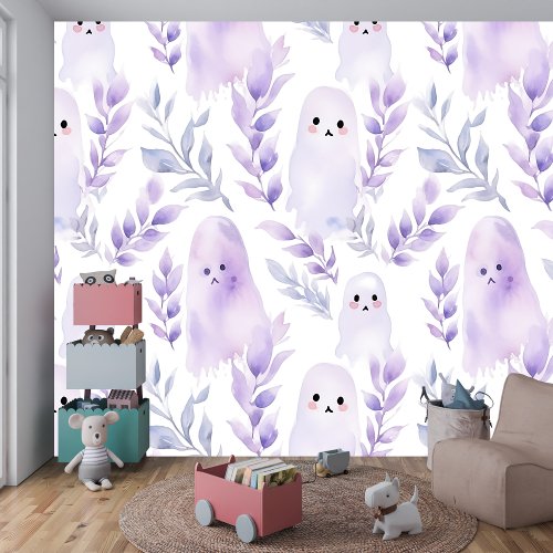 Pastel Watercolor Ghost and Leaves Seamless Design Wallpaper