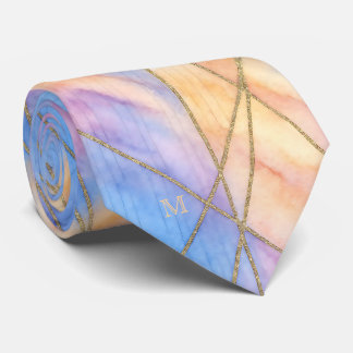 Pastel Watercolor Gold Accent Lines Silk Monogram Neck Tie