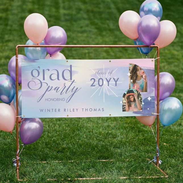 Pastel Watercolor Grad Party 2 Photo Starry Grad Banner (Pastel Watercolor Grad Party 2 Photo Starry Grad Banner)