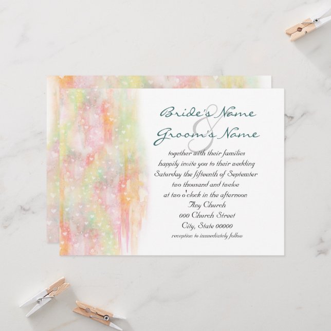 Pastel Watercolor Hearts Wedding Invites (Front/Back In Situ)