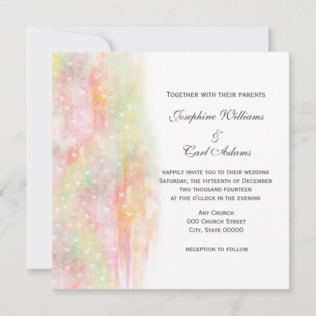 Pastel Watercolor Hearts Wedding Invites (Front)