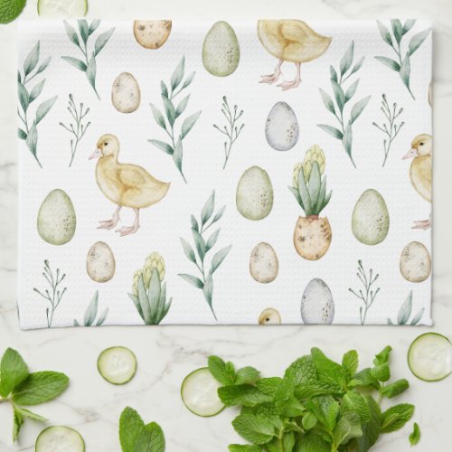 Pastel Watercolor Hyacinth Chicks Eggs Easter Kitchen Towel