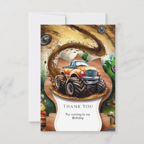 Pastel Watercolor Kids Monster Truck Birthday Thank You Card
