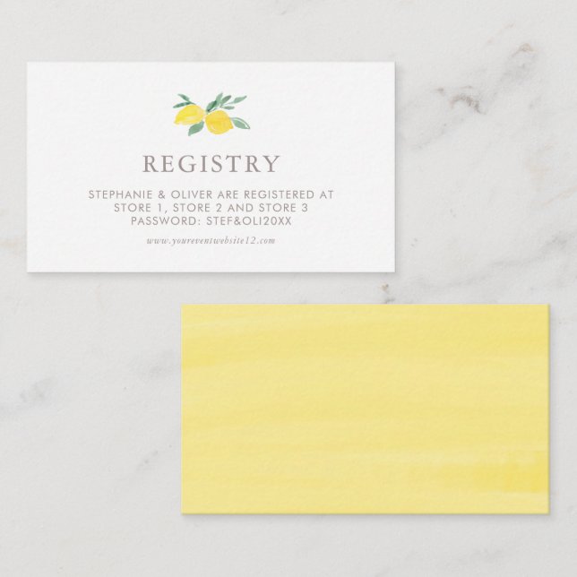 Pastel Watercolor Lemon Summer Wedding Registry Enclosure Card (Front/Back)