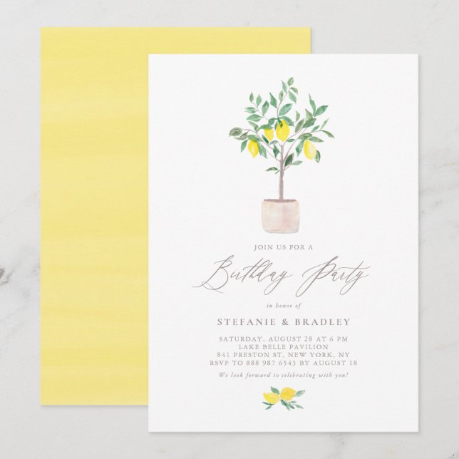 Pastel Watercolor Lemon Tree Summer Birthday Party Invitation (Front/Back)