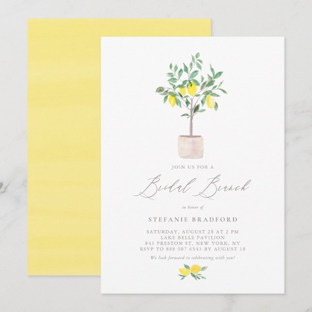 Pastel Watercolor Lemon Tree Summer Bridal Brunch Invitation (Front/Back)