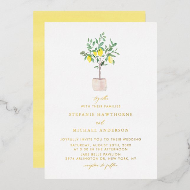Pastel Watercolor Lemon Tree Summer Wedding Foil Invitation (Front/Back)