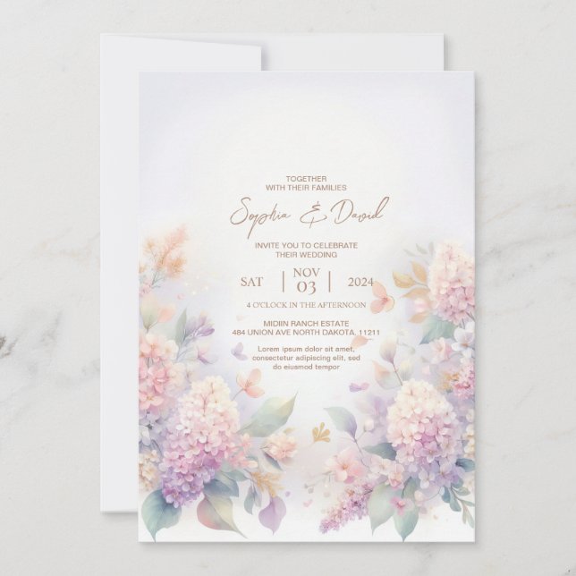 Pastel Watercolor lilac Wedding Invitation (Front)