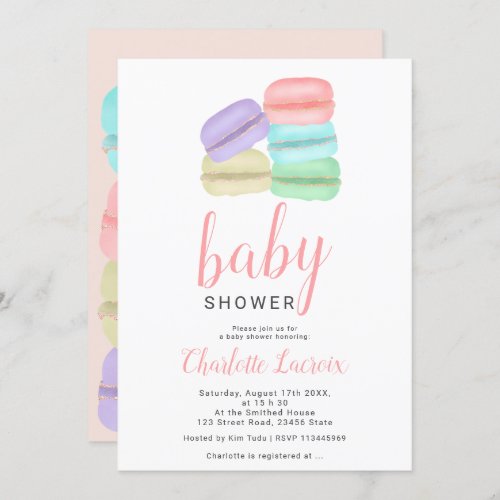 Pastel watercolor macaron glitter baby shower invitation