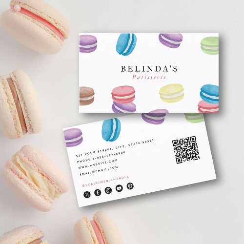 Pastel Watercolor Macarons Pastry Chef QR Code Business Card