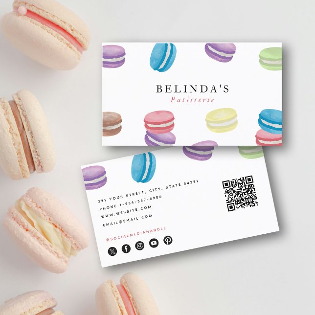 Pastel Watercolor Macarons Pastry Chef QR Code Business Card (Pastel Watercolor Macarons Pastry Chef QR Code Business Card)
