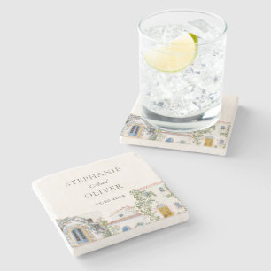 Pastel Watercolor Mediterranean Italian Wedding Stone Coaster