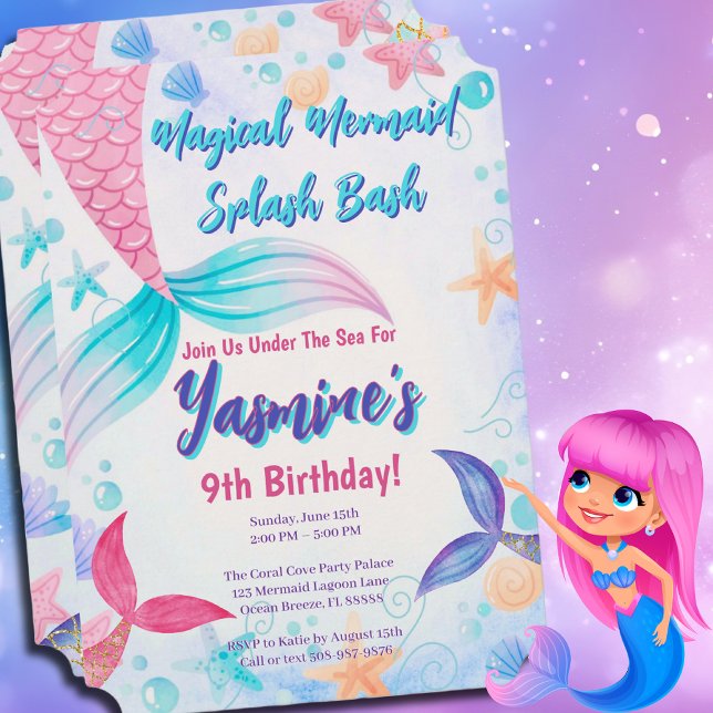 Pastel Watercolor Mermaid Birthday Invitation (Mermaid Birthday Invite)