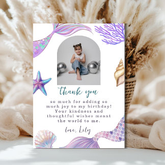Pastel Watercolor Mermaid Birthday Photo Thank You Card