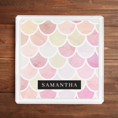 Pastel Watercolor Mermaid Scales Pattern With Name Acrylic Tray