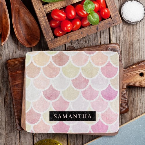 Pastel Watercolor Mermaid Scales Pattern With Name Cutting Board