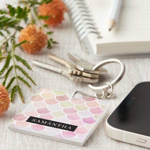Pastel Watercolor Mermaid Scales Pattern With Name Keychain