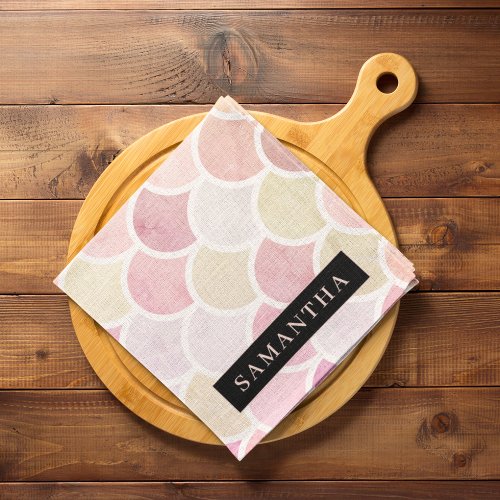 Pastel Watercolor Mermaid Scales Pattern With Name Kitchen Towel