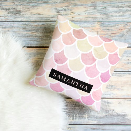 Pastel Watercolor Mermaid Scales Pattern With Name Outdoor Pillow