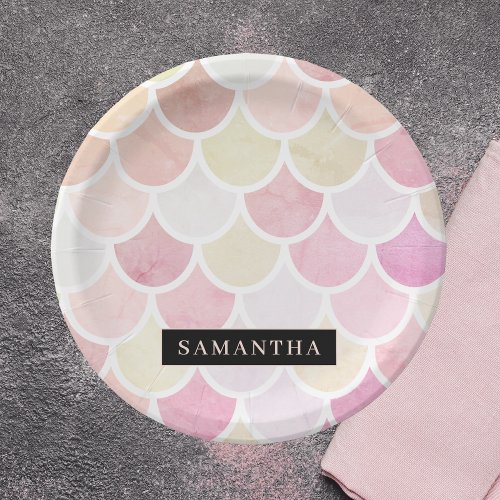 Pastel Watercolor Mermaid Scales Pattern With Name Paper Plates