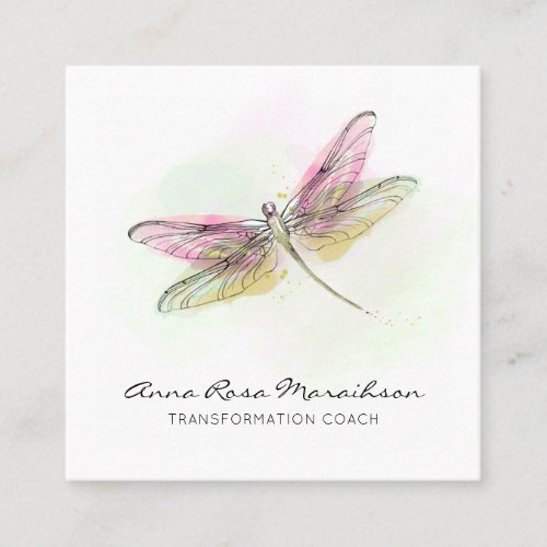  Pastel Watercolor Mint Pink Dragonfly  Square Business Card