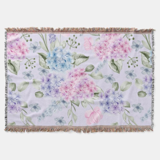 Pastel Watercolor Mixed Color Hydrangea Flowers  Throw Blanket (Front)