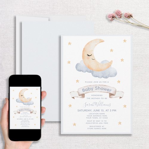 Pastel Watercolor Moon  Stars Script Baby Shower Invitation