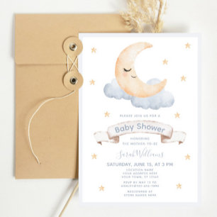 Pastel Watercolor Moon & Stars Script Baby Shower Invitation
