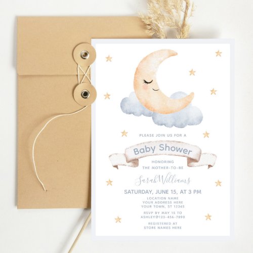 Pastel Watercolor Moon  Stars Script Baby Shower Invitation