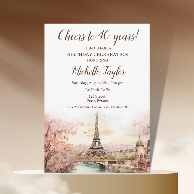 Pastel Watercolor Paris Eiffel Tower 40. Birthday  Invitation (paris watercolor blush pink flowers spring
)